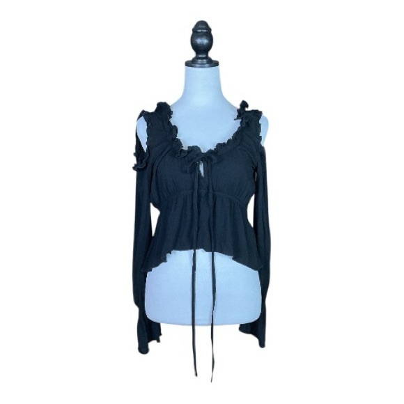 Killstar Black Ruffle Cold Shoulder Asymmetrical Bow Bell Sleeve Top Size M - Picture 2 of 8